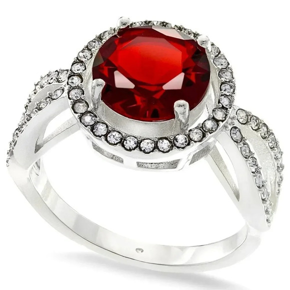 Red Crystal Halo Silver Plated Pave Statement Ring, Brand New with tags - Picture 1 of 2